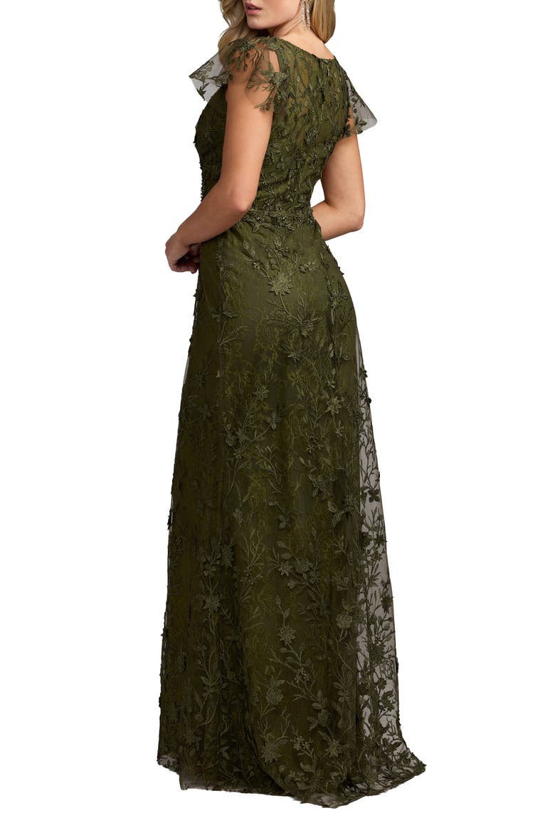 Petite Embroidered Applique Wrap Over Flutter Sleeve Gown, Alternate, color, Olive