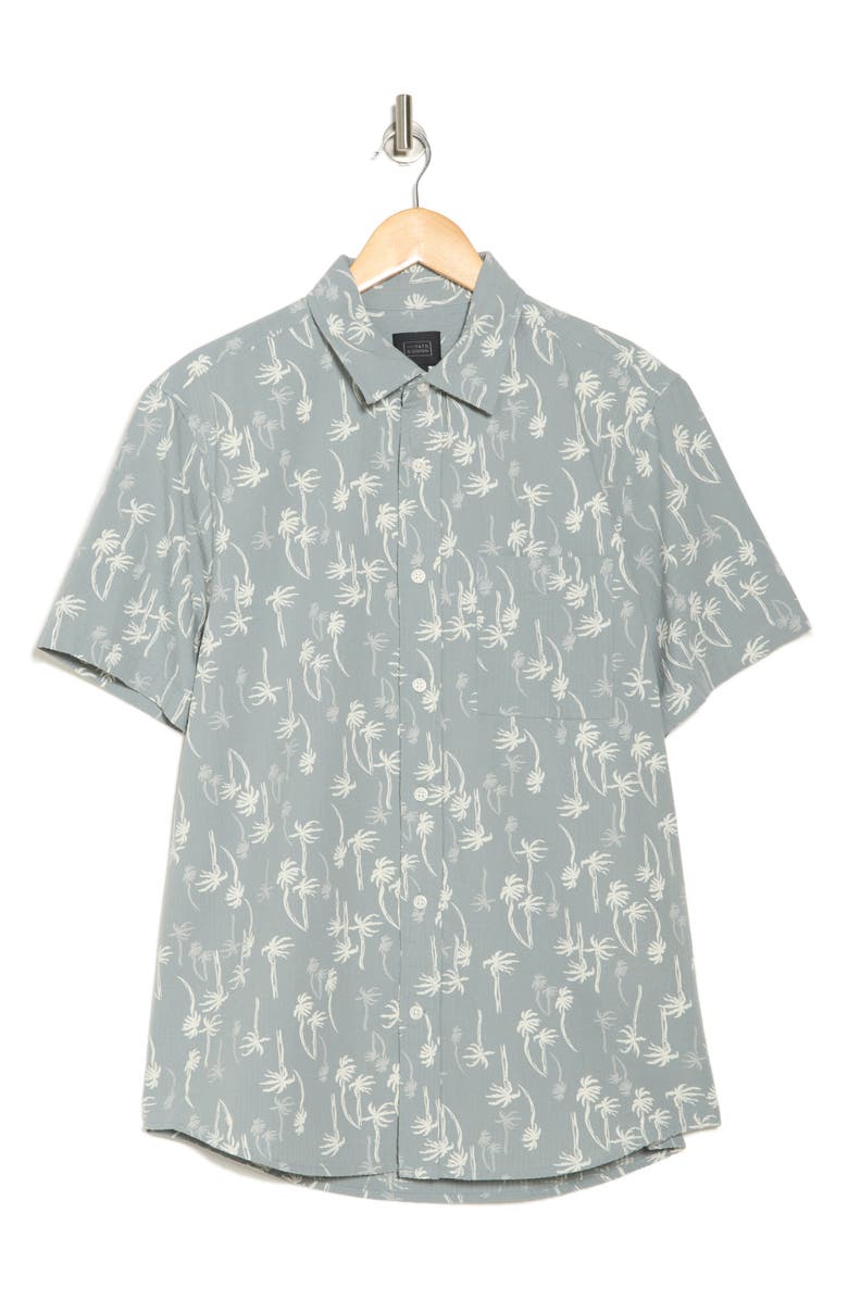 14th & Union Seersucker Short Sleeve Cotton Button-Up Shirt, Alternate, color, Grey Blue Stacked Palms