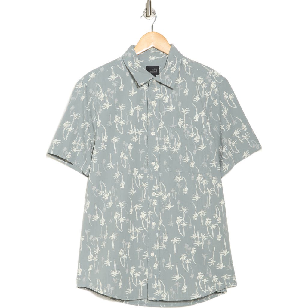14th & Union Seersucker Short Sleeve Cotton Button-up Shirt In Grey Blue Stacked Palms