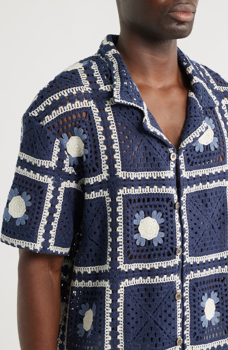 CHÉ Tejer Crochet Camp Shirt, Alternate, color, Navy
