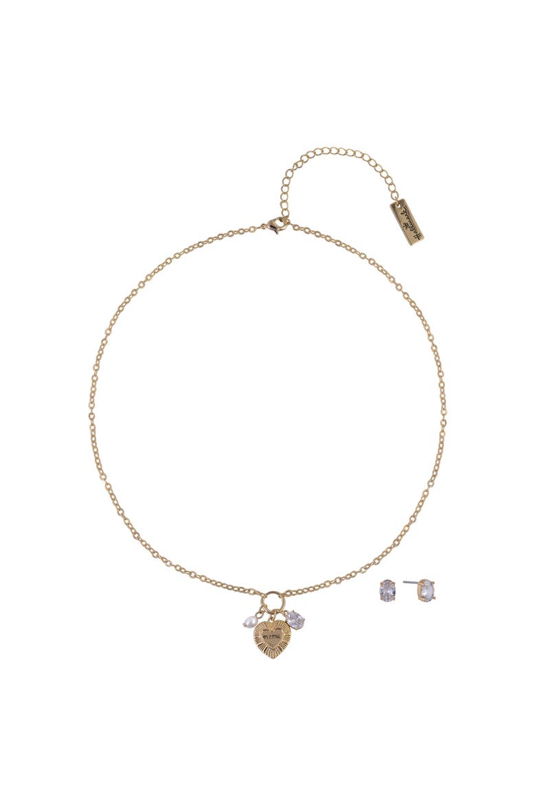 Gold Tone Mom and Heart Pendant Necklace and Earring Set, Main, color, Clear-Gold