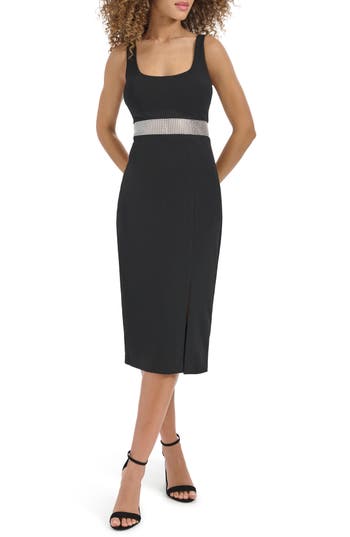 Siena Crepe Scuba Knit Midi Cocktail Dress In Black