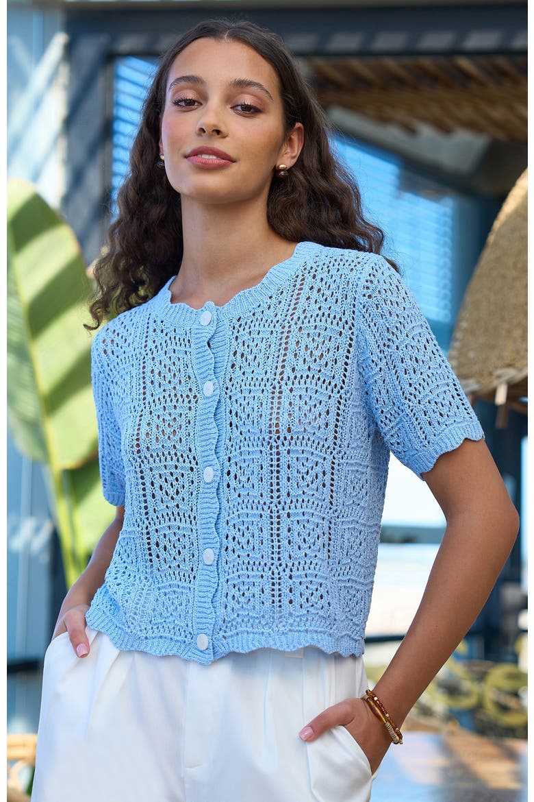 Crochet Short Sleeve Cardigan, Alternate, color, Blue