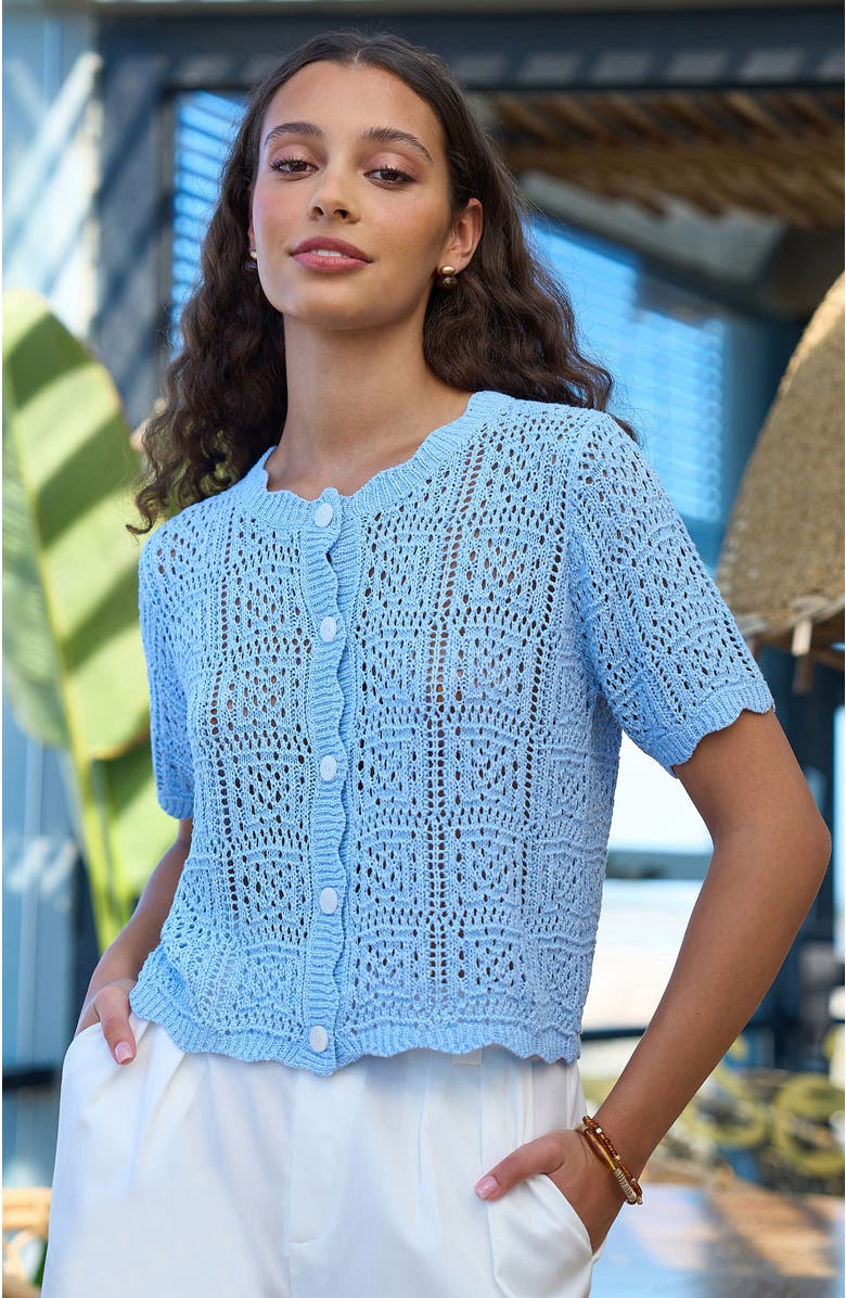Yumi Crochet Short Sleeve Cardigan, Alternate, color, Blue