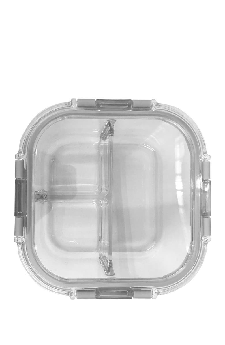 EDGE KITCHEN Charcoal 3 Section Rectangle Glass Food Locktop Container - 34 oz., Main, color, 