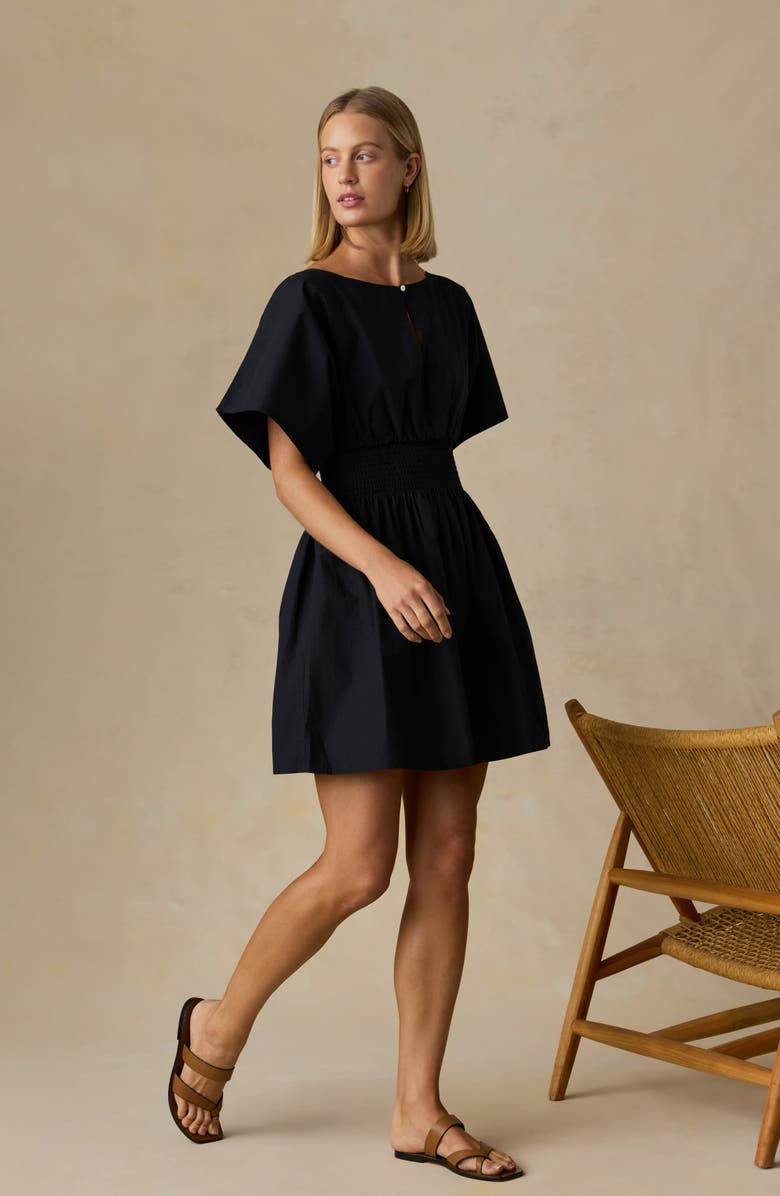 Faherty Elia Coastal Smocked Waist Organic Cotton Poplin Minidress, Alternate, color, Black