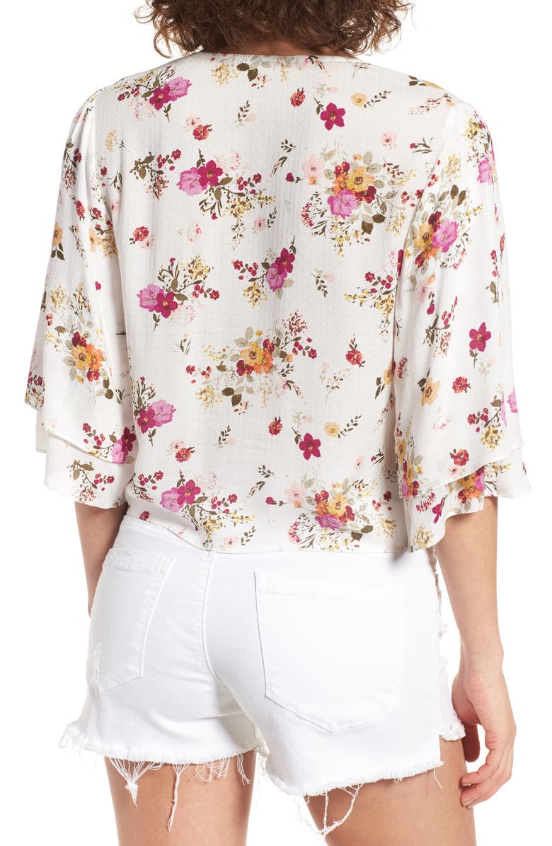 Sun & Shadow Floral Tie Hem Crop Top, Alternate, color, Ivory Egret Tropical Floral