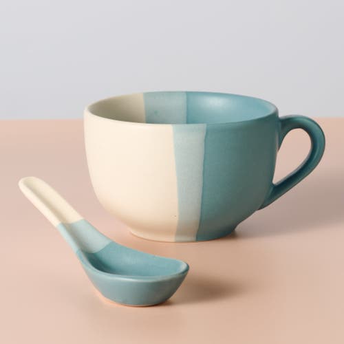 Ten Thousand Villages Pheeka Striped Jumbo Mug With Spoon In Blue
