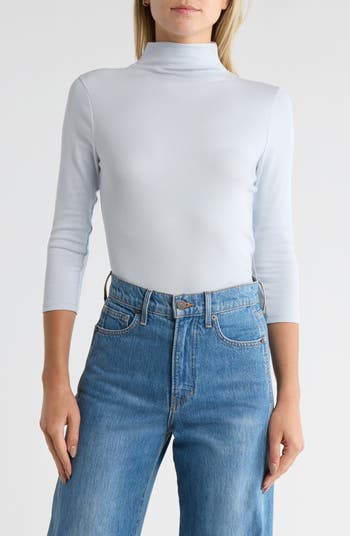 Three-Quarter Sleeve Stretch Pima Cotton Mock Neck T-Shirt