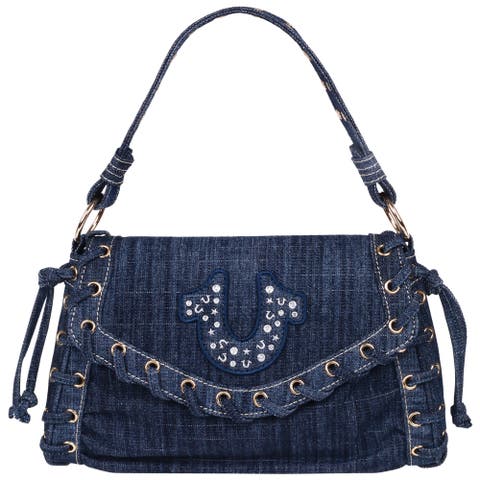 Studded Horseshoe Eyelet Denim Flap Bag