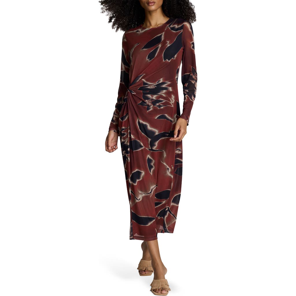 Kenneth Cole Printed Mesh Knot Front Long Sleeve Maxi Dress