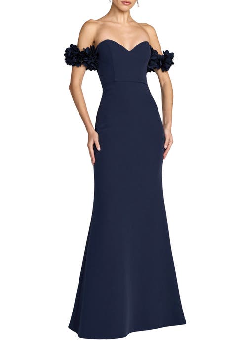 Petite Crepe Off The Shoulder Gown With 3D Flowers