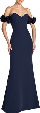 Mac Duggal Petite Crepe Off The Shoulder Gown With 3D Flowers