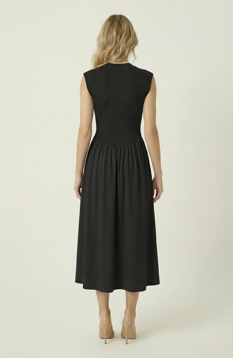 Modenaire Cap Sleeve Fitted Gathered Midi Dress, Alternate, color, Black