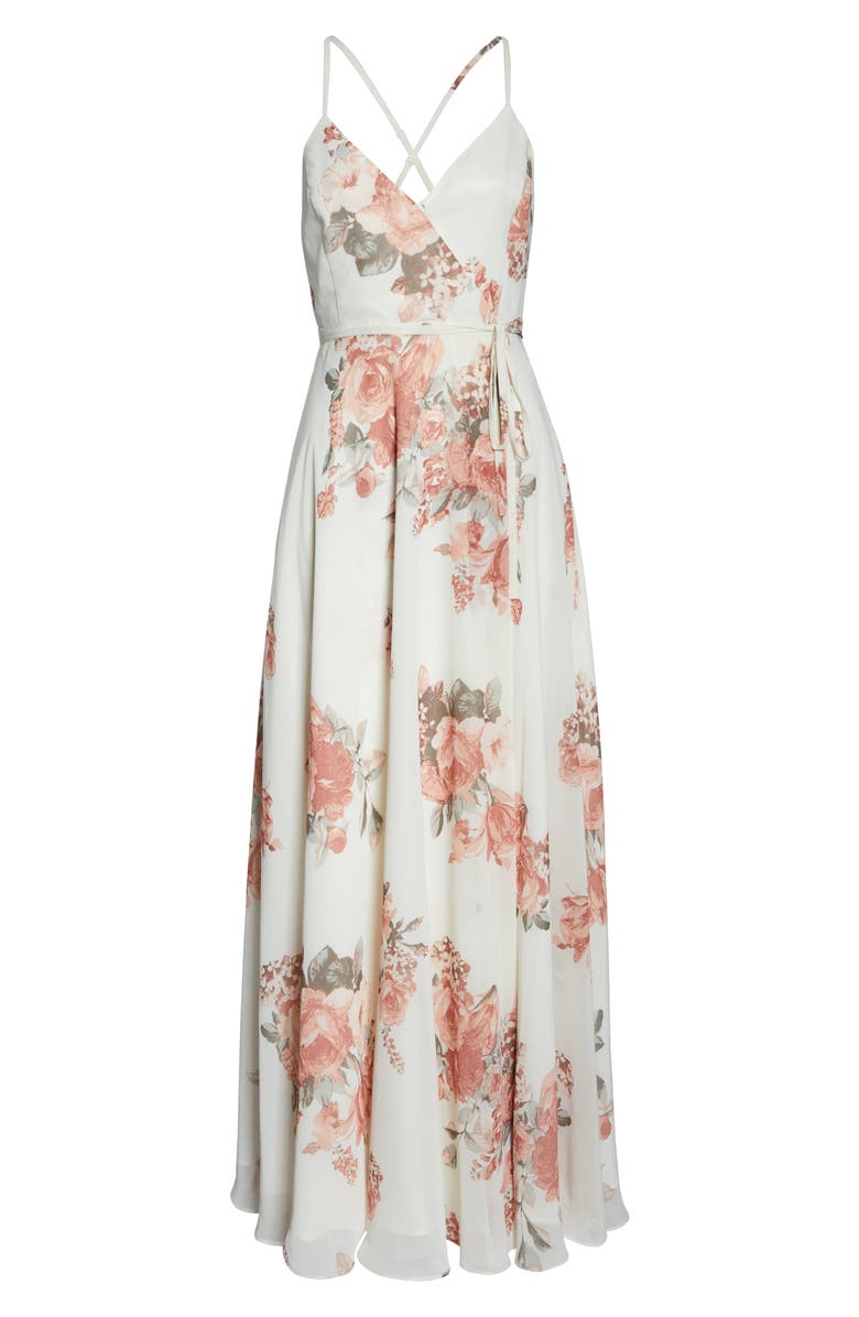 Lulus Elegantly Inclined Floral Print Wrap Gown, Alternate, color,