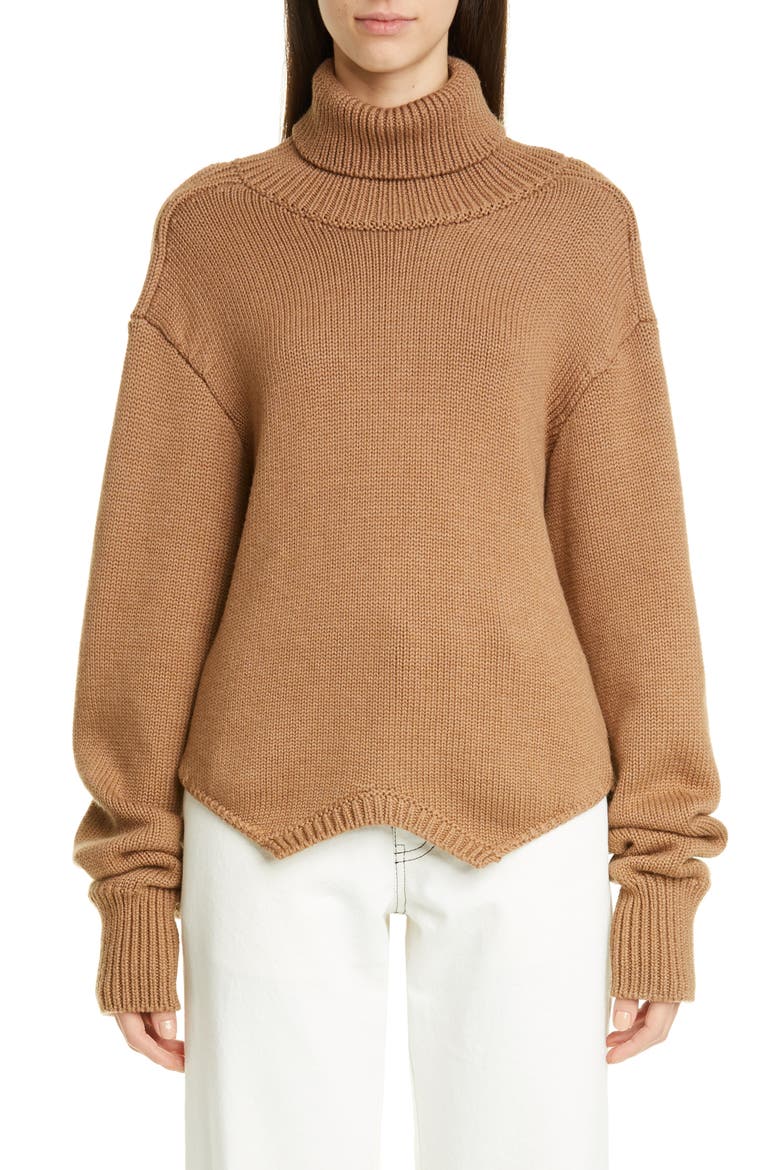 Cowl Back Merino Wool Turtleneck Sweater, Main, color, TAUPE