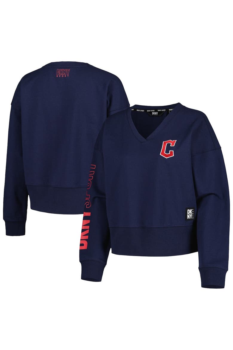 Women's DKNY Sport Navy Cleveland Guardians Lily V-Neck Pullover Sweatshirt, Alternate, color, Navy