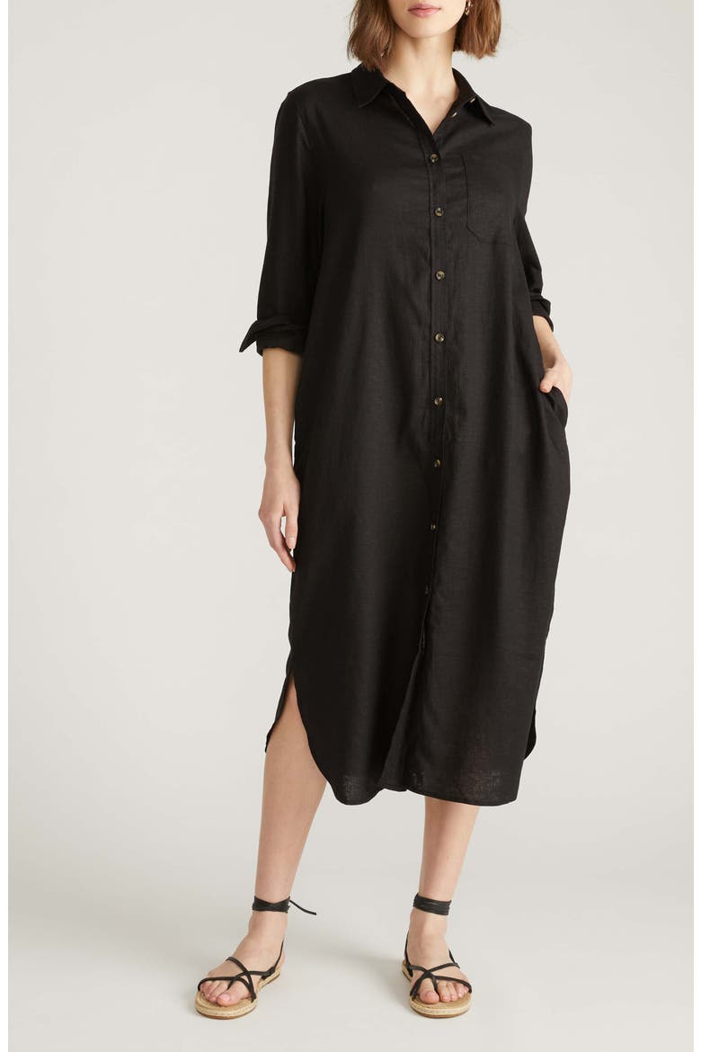 Odeon Long Sleeve Stretch Linen Blend Shirtdress, Main, color, BLACK