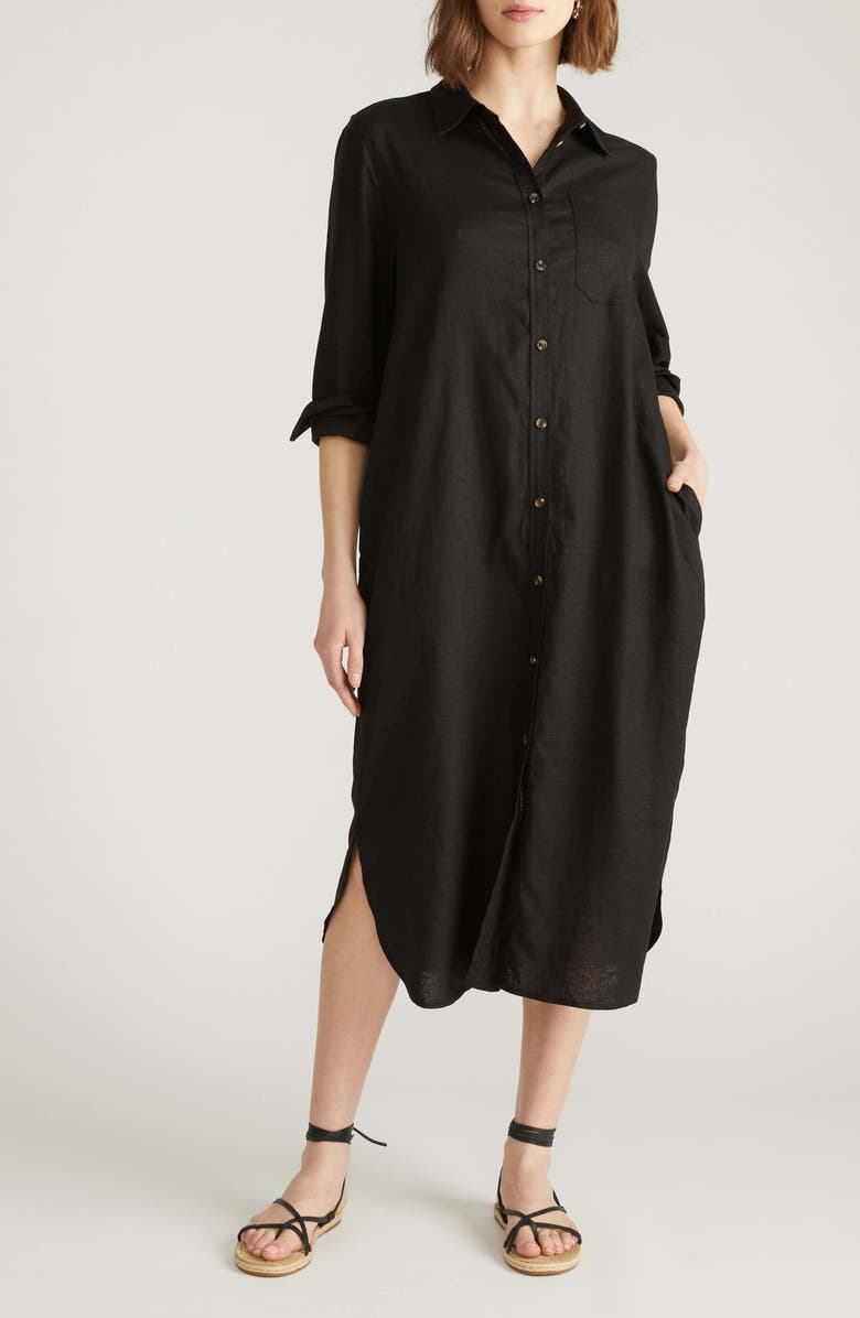 Universal Standard Odeon Long Sleeve Stretch Linen Blend Shirtdress, Main, color, Black