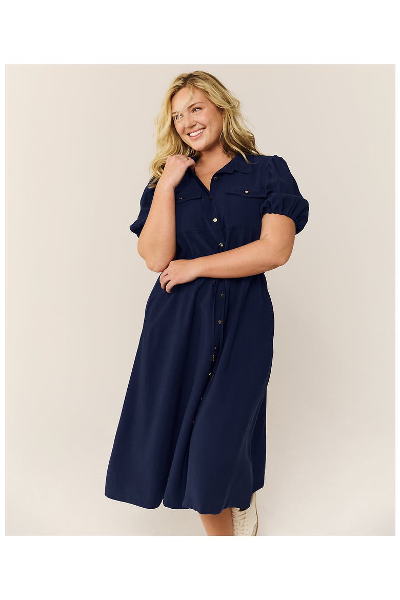 Twill Button Front Fluid Short Sleeve Dress, Alternate, color, Deep Sea Navy