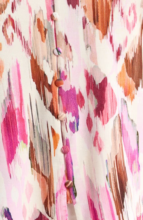 Liverpool Los Angeles Flutter Sleeve Knit Button-up Shirt In Pink Printed Ikat