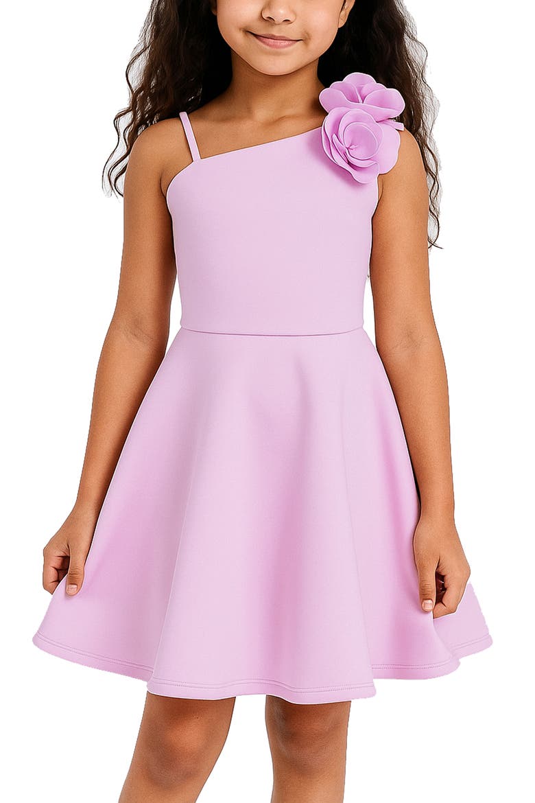 Kids' One-Shoulder 3D Flower Scuba Knit Dress, Alternate, color, ORCHID