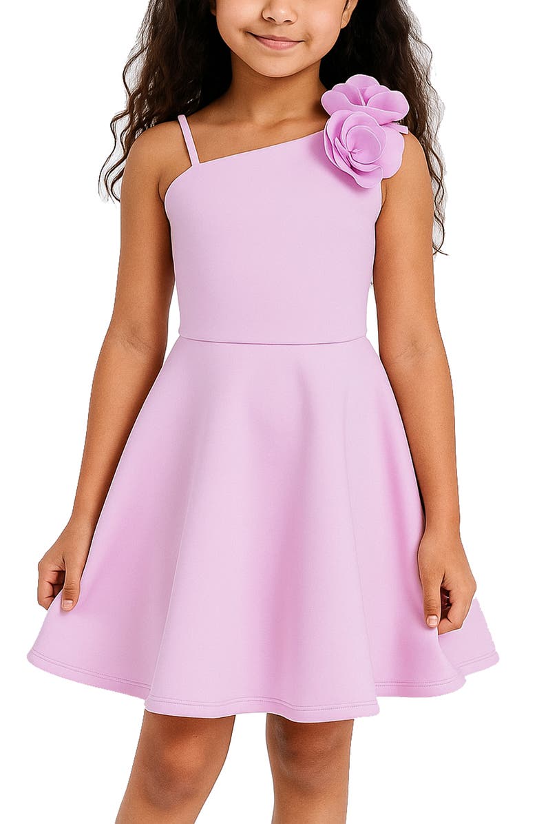 Zunie Kids' One-Shoulder 3D Flower Scuba Knit Dress, Alternate, color, Orchid