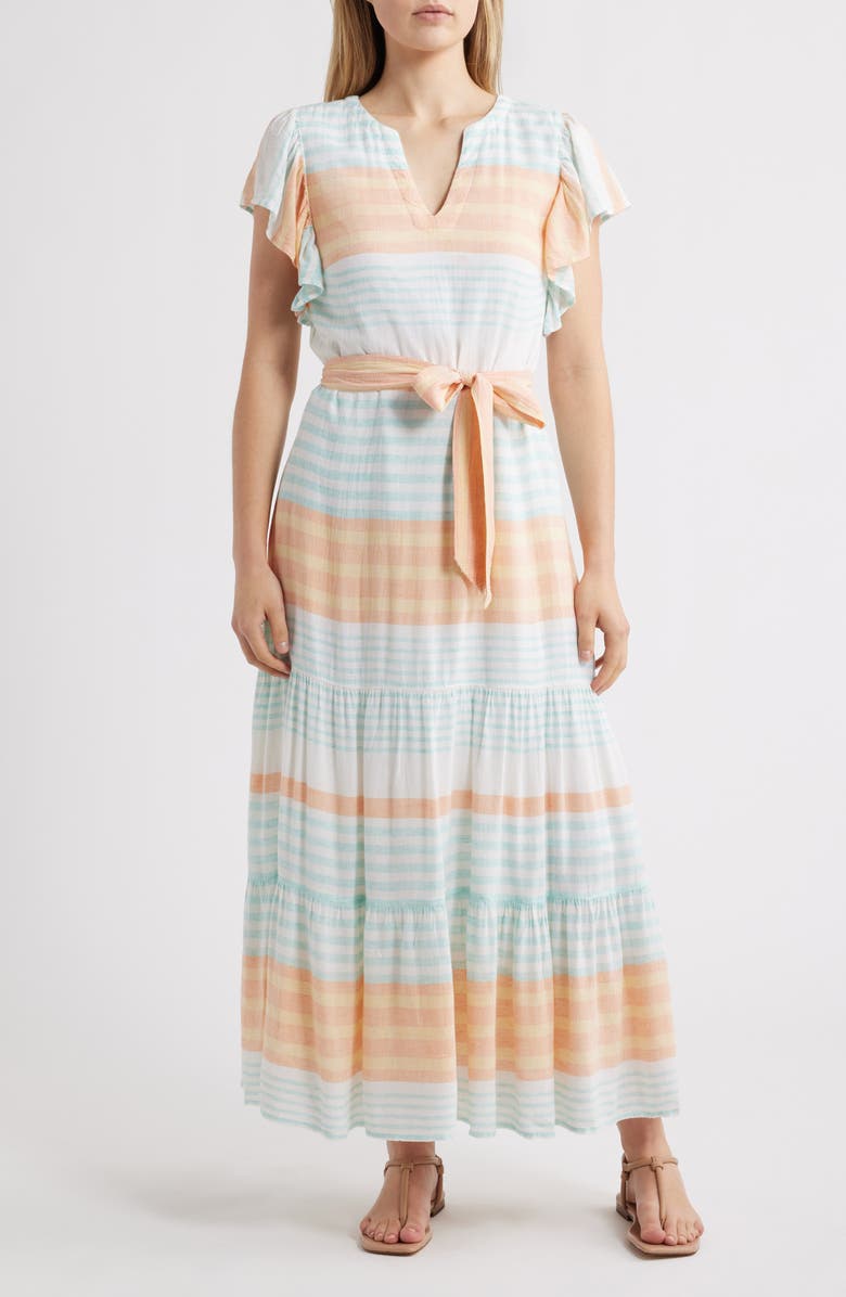 Hatley Hailey Echo Stripe Linen Blend Midi Dress, Main, color, Peach Echo