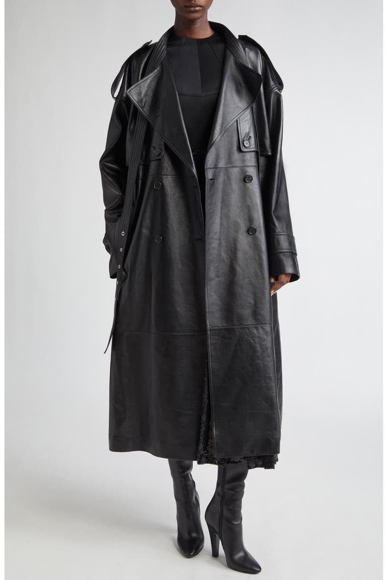 Belt Neck Plongé Leather Trench Coat, Alternate, color, BLACK