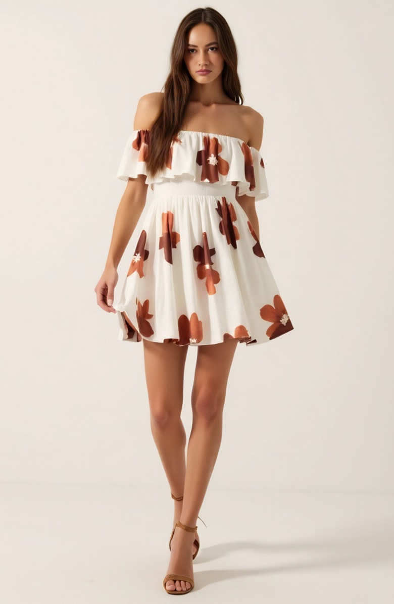 Modenaire Off-the-Shoulder Floral Ruffled Flared Mini Dress, Alternate, color, White / Brown Floral