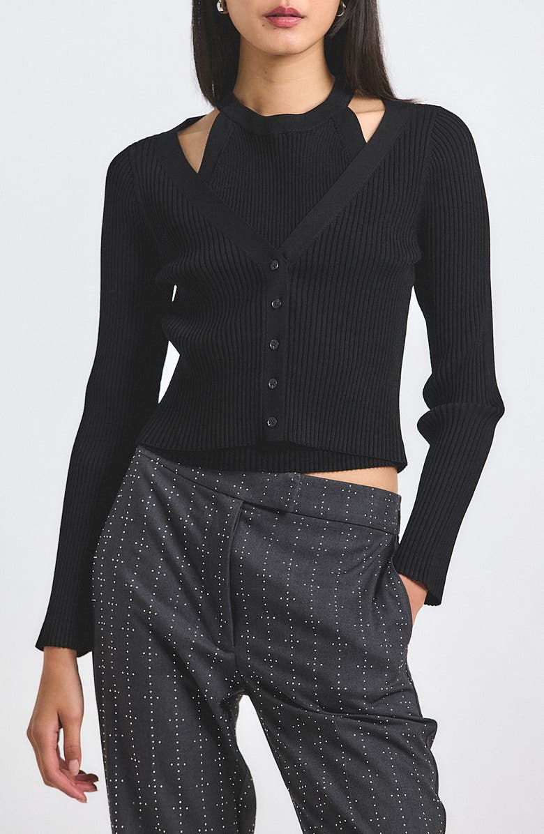 Derek Lam 10 Crosby Lonnie Layered Rib Cardigan, Main, color, Black