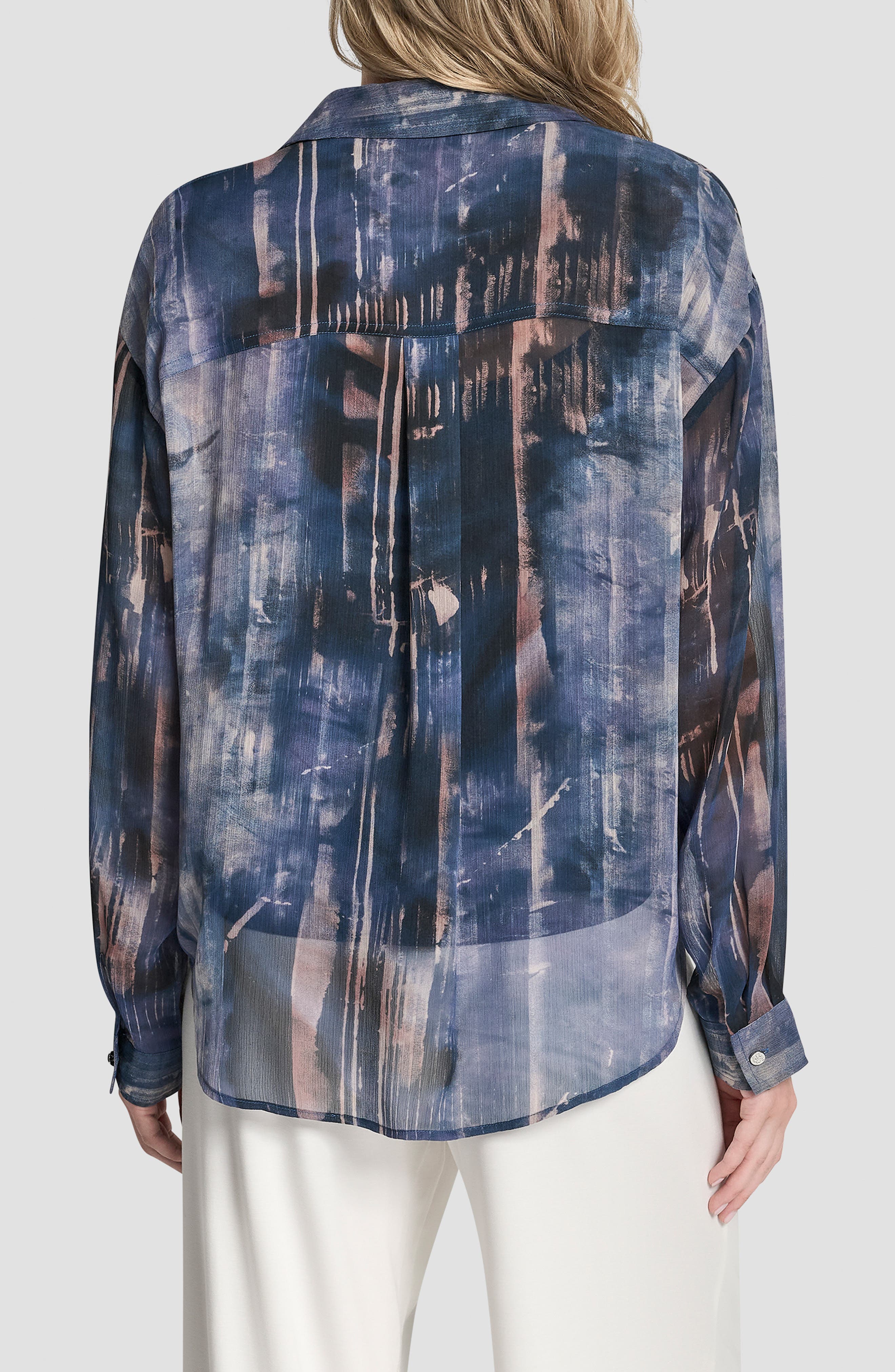Print Long Sleeve Button-Up Chiffon Shirt - image 2