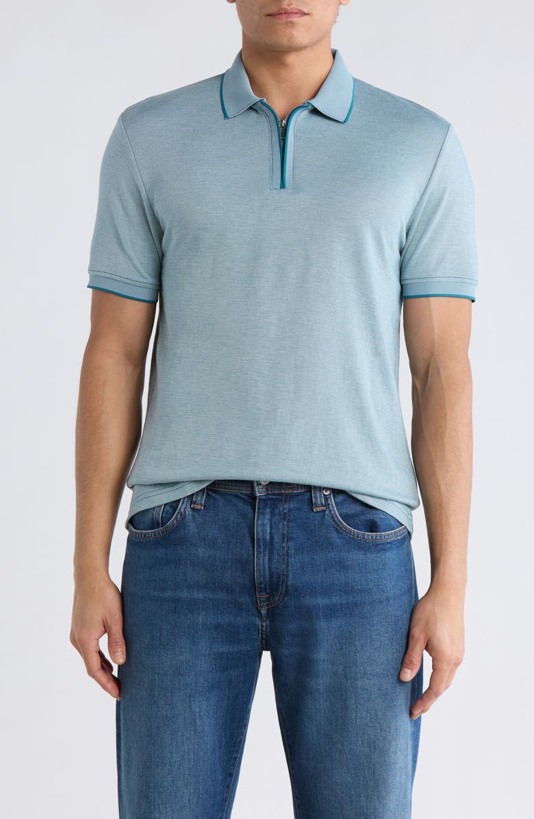 DENIM AND FLOWER Tipped Quarter Zip Knit Polo, Main, color, Teal