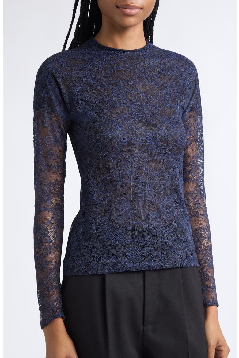 Long Sleeve Stretch Lace Top, Alternate, color, BLUE PRINT 3