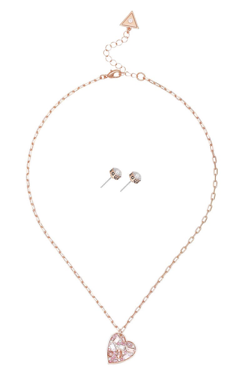 GUESS Heart Pendant Necklace & Stud Earrings Set, Alternate, color, Rose Gold
