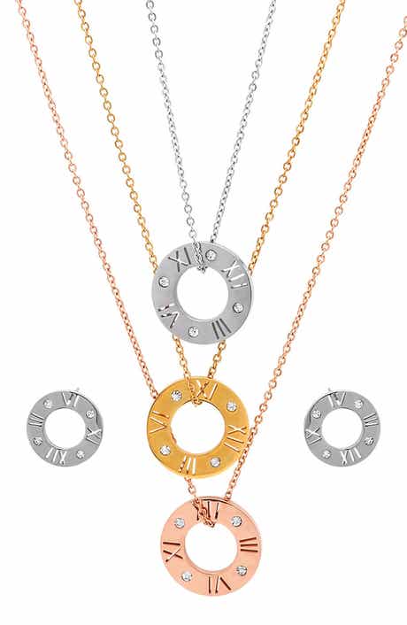 Tricolor Roman Numeral Necklace & Earrings Set