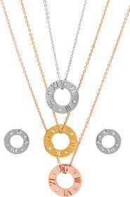 STEELTIME Tricolor Roman Numeral Necklace & Earrings Set
