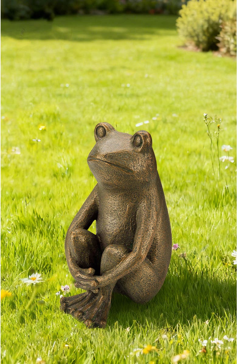 Glitzhome 12"H Resin Bronze Squatting Frog Statue, Alternate, color, Brown