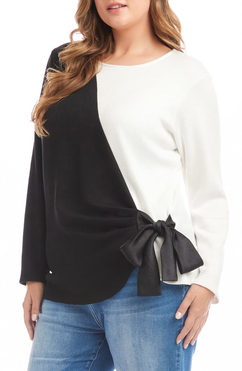 Karen Kane Colorblock Satin Bow Crossover Hem Knit Top, Alternate, color, Black/ Ivory