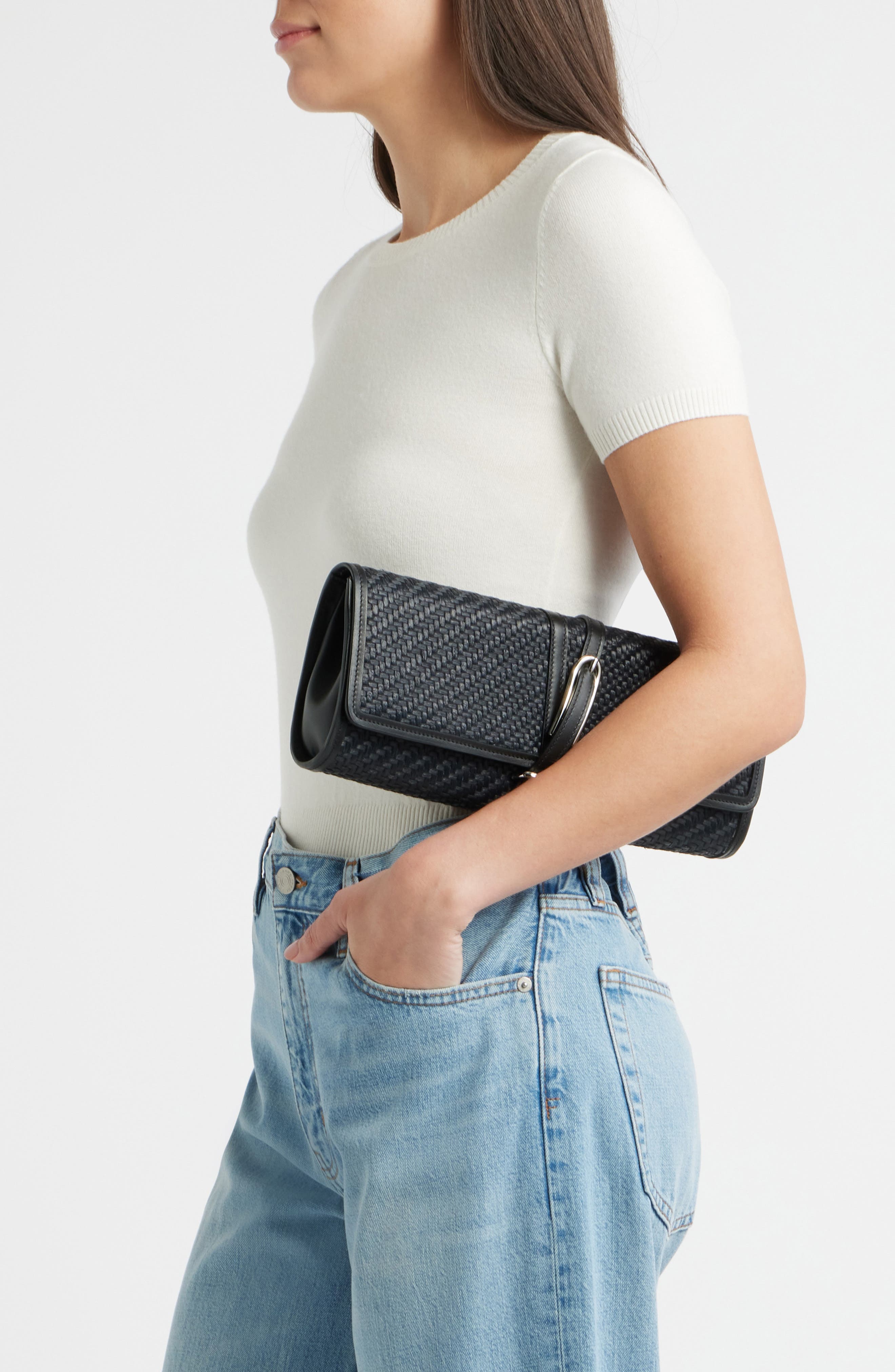 Belted Raffia Clutch, Alternate, color, BLACK