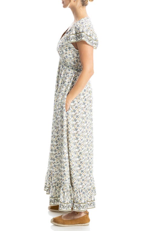 Max Studio Empire Waist Flutter Sleeve Maxi Dress In Cream/sky Floral Swing Vines