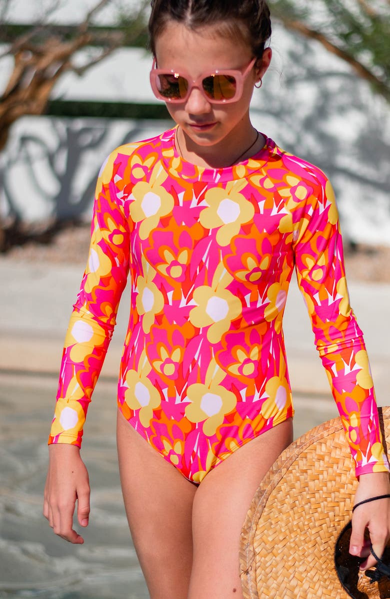 Snapper Rock Kids' Pop of Sunshine Long Sleeve One-Piece Rashguard Swimsuit, Alternate, color, 