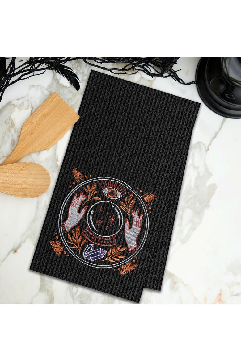 Magic Crystal Ball Halloween Embroidered Cotton Waffle Weave Kitchen Towel, Alternate, color, Black