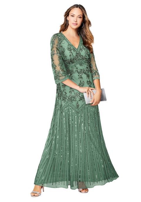 Plus Size Beaded V-Neck 3/4 Sleeve Sleeve Maxi Gown (Plus)