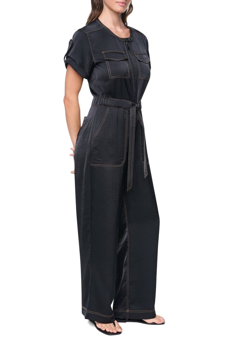 Drawstring Waist Hammered Satin Jumpsuit, Alternate, color, BLACK