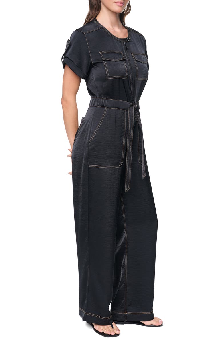 DKNY Drawstring Waist Hammered Satin Jumpsuit, Alternate, color, Black