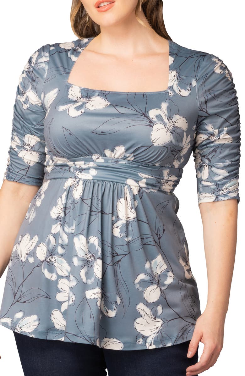 Kiyonna Solstice Ruched Sleeve Top, Alternate, color, Grey Lily Print