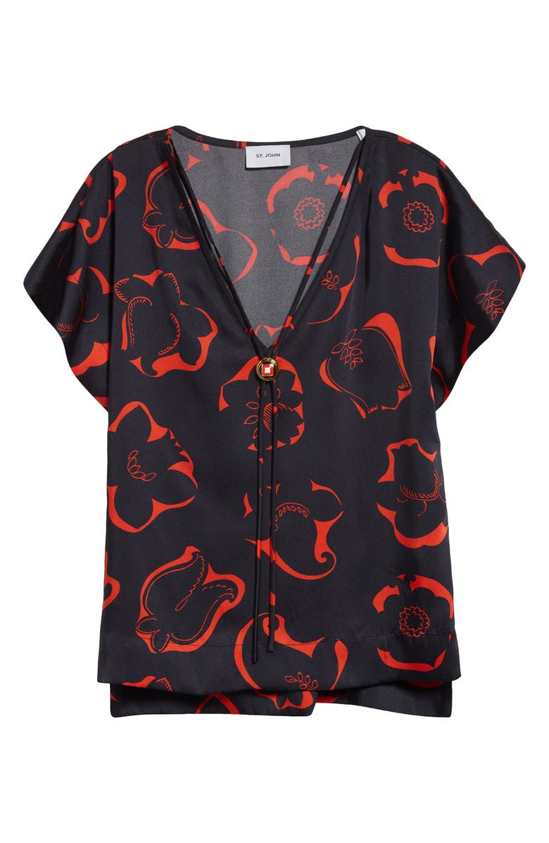 ST. JOHN '50s Floral Print Bolo Tie Top, Alternate, color, Midnight/ Geranium