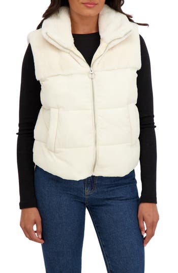 Sebby Water Resistant Mixed Media Puffer Vest In Neutral