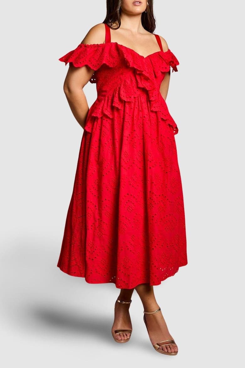 Plus Broderie Midi Dress, Alternate, color, Red